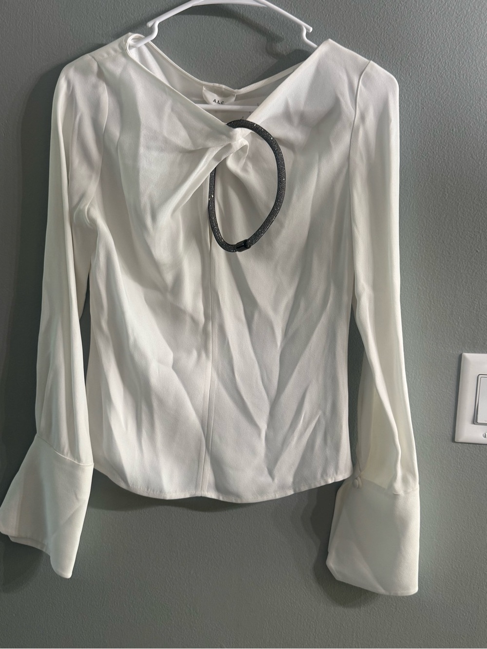 A.L.C. White Long-Sleeve Blouse with Black Ring Accent